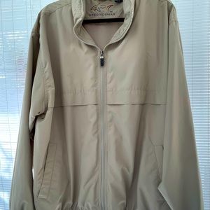 Greg Norman Khaki Windbreaker Jacket Mens Large Hooded Mesh Lined Vented Golf